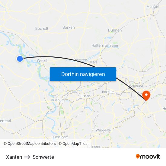 Xanten to Schwerte map