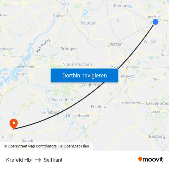 Krefeld Hbf to Selfkant map