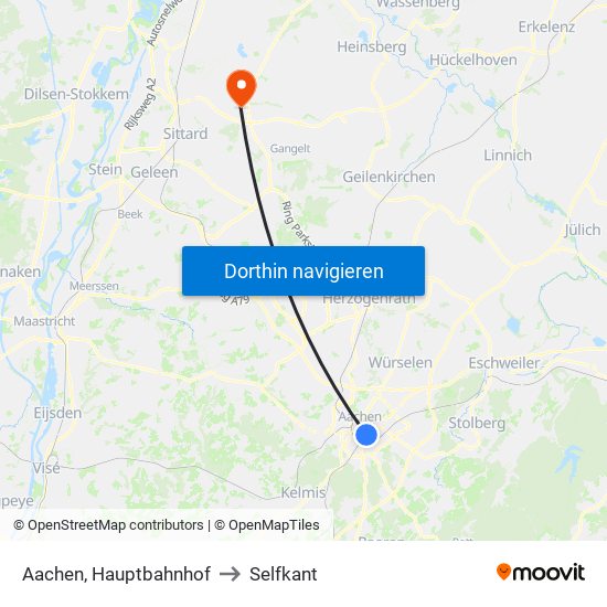 Aachen, Hauptbahnhof to Selfkant map
