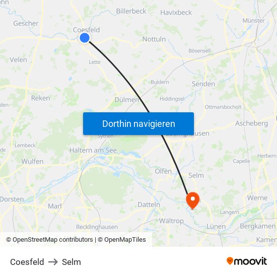 Coesfeld to Selm map