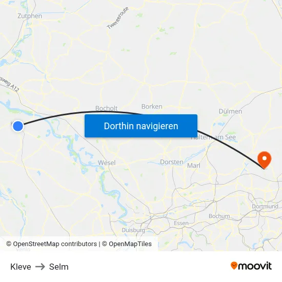Kleve to Selm map