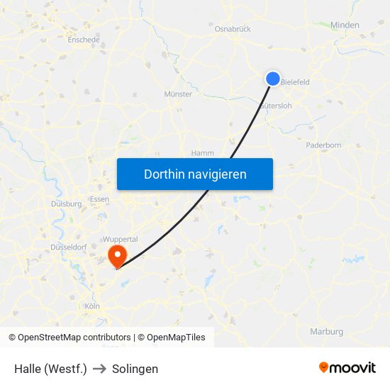 Halle (Westf.) to Solingen map