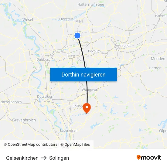 Gelsenkirchen to Solingen map