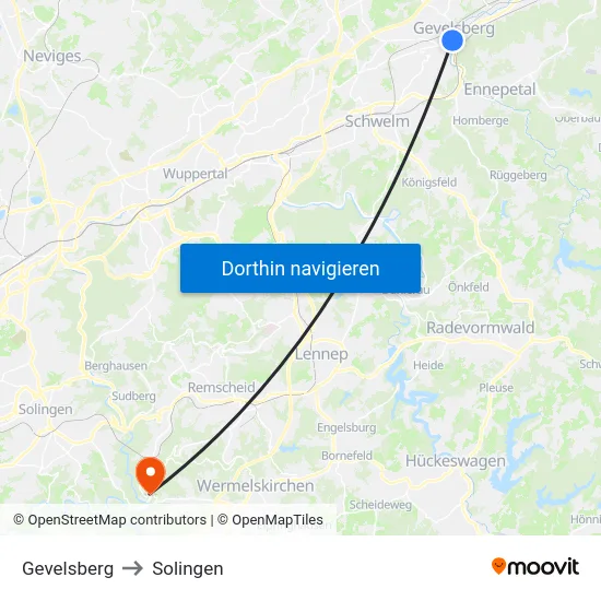 Gevelsberg to Solingen map