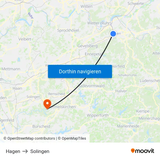 Hagen to Solingen map