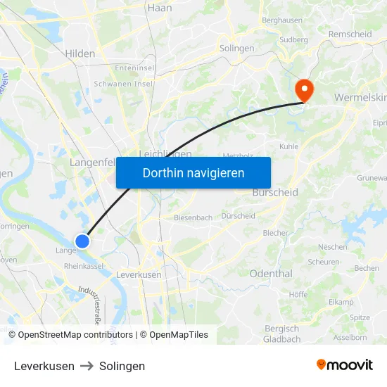 Leverkusen to Solingen map