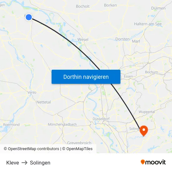 Kleve to Solingen map