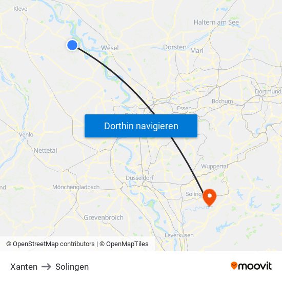 Xanten to Solingen map