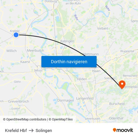 Krefeld Hbf to Solingen map