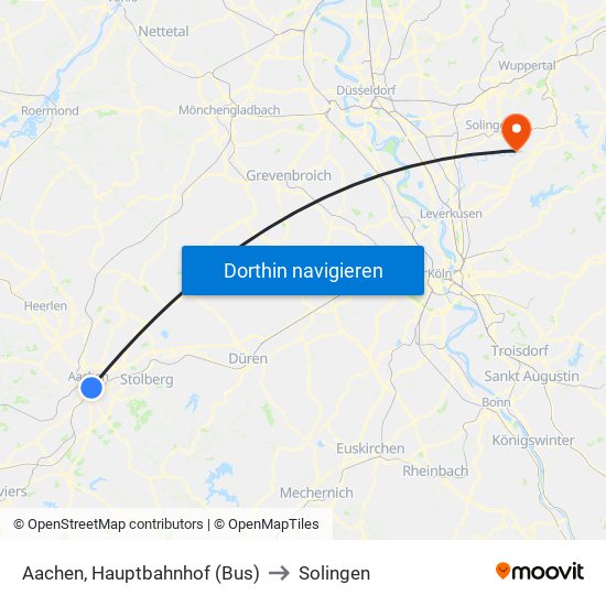 Aachen, Hauptbahnhof (Bus) to Solingen map