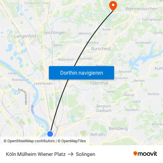 Köln Mülheim Wiener Platz to Solingen map