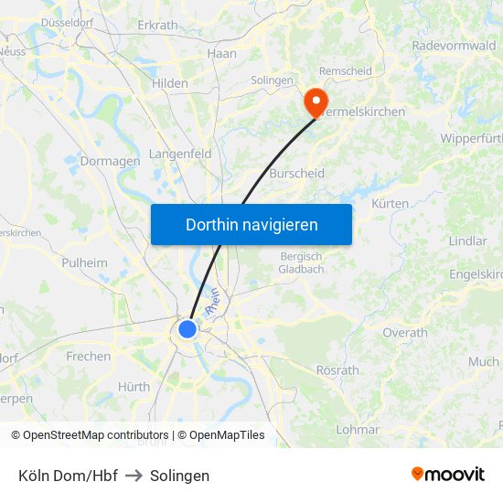 Köln Dom/Hbf to Solingen map