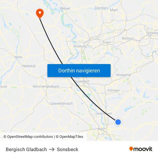 Bergisch Gladbach to Sonsbeck map