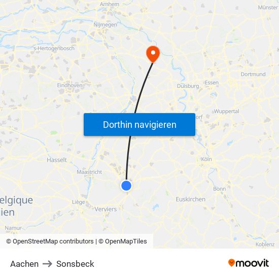 Aachen to Sonsbeck map