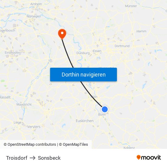 Troisdorf to Sonsbeck map