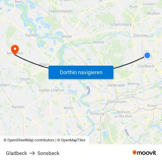 Gladbeck to Sonsbeck map