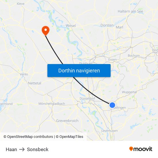 Haan to Sonsbeck map