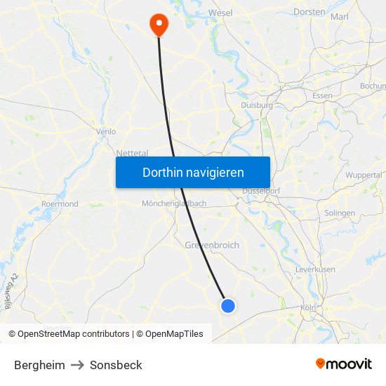 Bergheim to Sonsbeck map