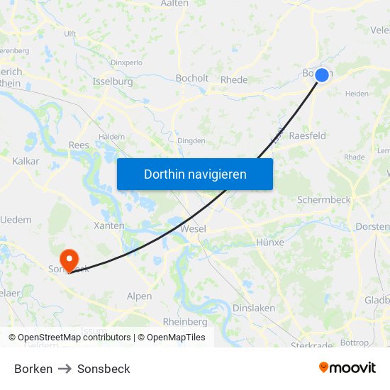 Borken to Sonsbeck map