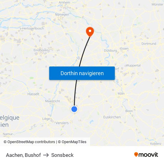 Aachen, Bushof to Sonsbeck map