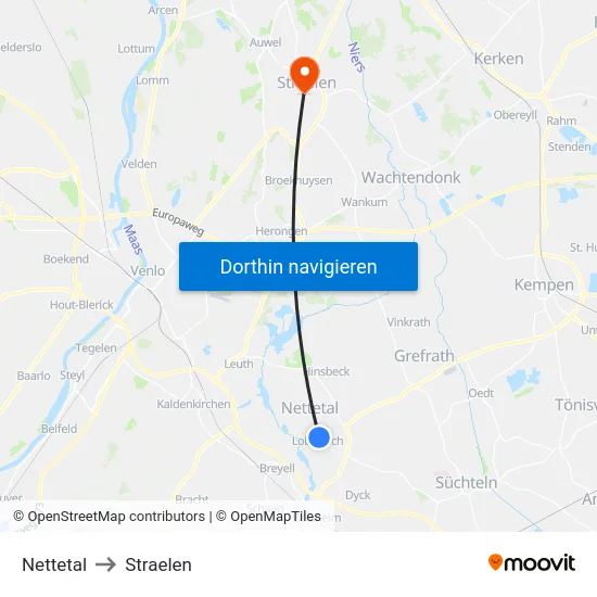Nettetal to Straelen map