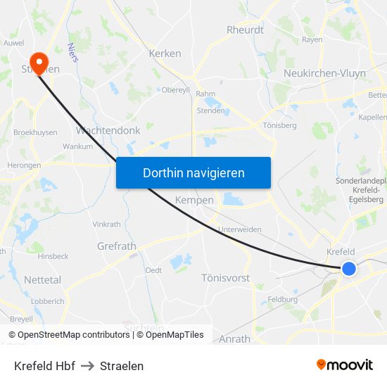 Krefeld Hbf to Straelen map