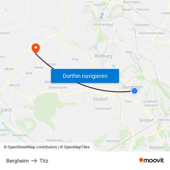 Bergheim to Titz map