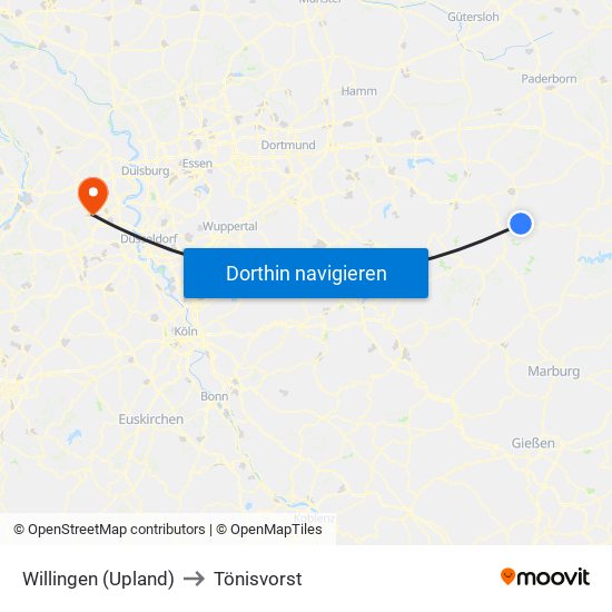 Willingen (Upland) to Tönisvorst map