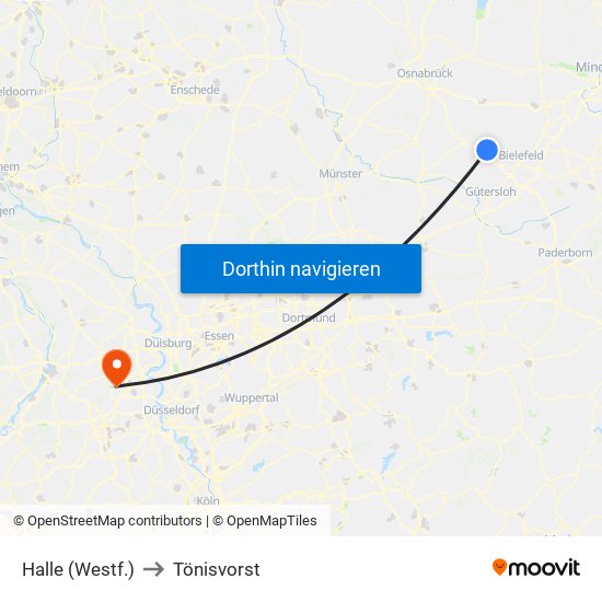 Halle (Westf.) to Tönisvorst map