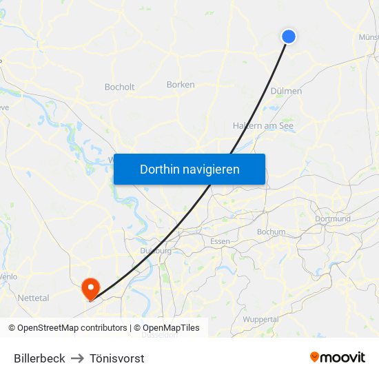 Billerbeck to Tönisvorst map