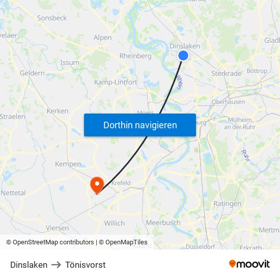 Dinslaken to Tönisvorst map