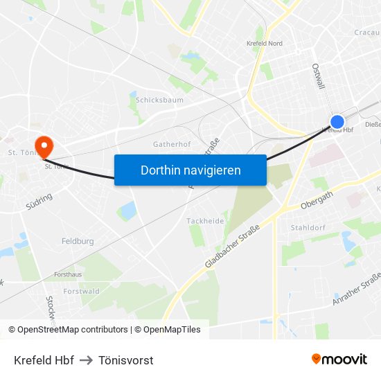 Krefeld Hbf to Tönisvorst map