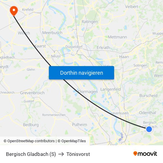 Bergisch Gladbach (S) to Tönisvorst map