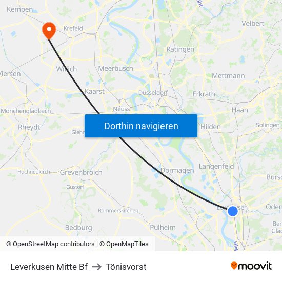 Leverkusen Mitte Bf to Tönisvorst map