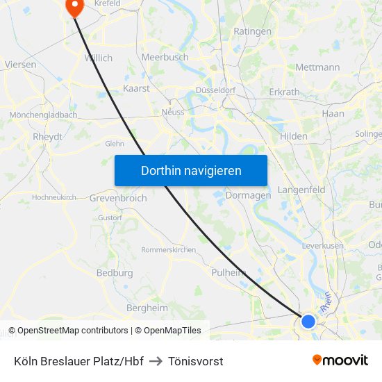 Köln Breslauer Platz/Hbf to Tönisvorst map