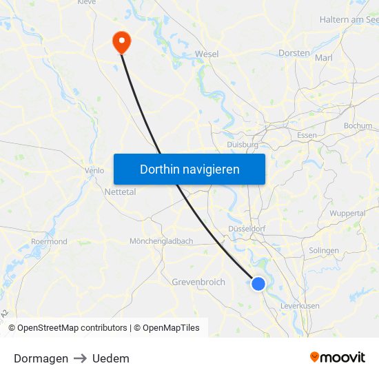 Dormagen to Uedem map