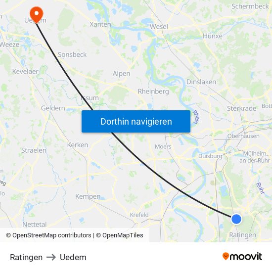 Ratingen to Uedem map