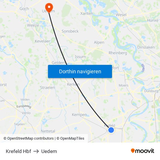 Krefeld Hbf to Uedem map