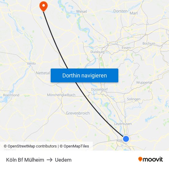 Köln Bf Mülheim to Uedem map
