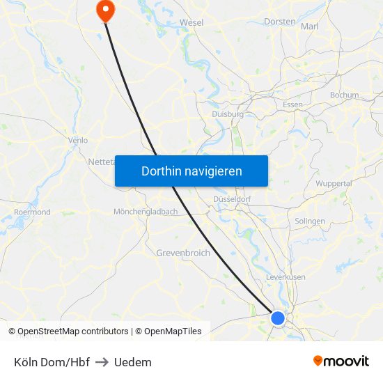 Köln Dom/Hbf to Uedem map