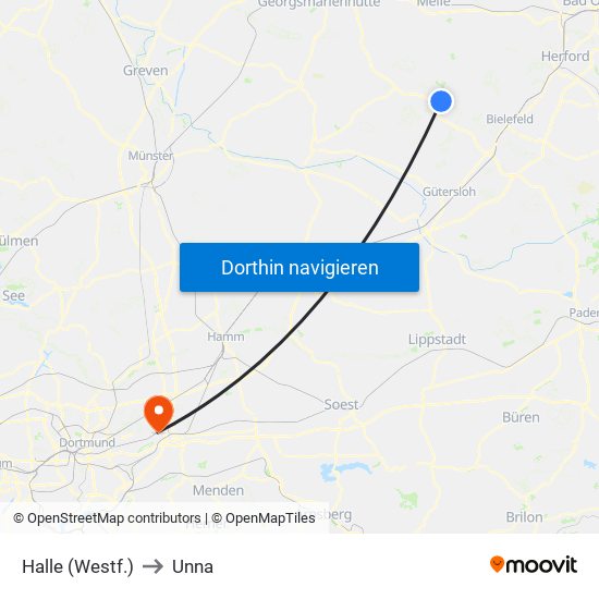 Halle (Westf.) to Unna map