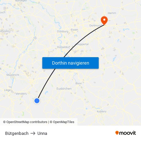 Bütgenbach to Unna map