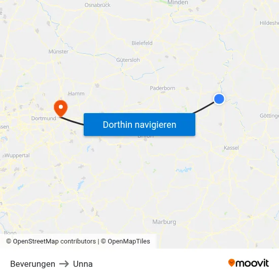 Beverungen to Unna map