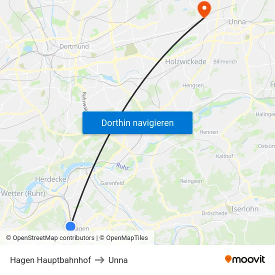 Hagen Hauptbahnhof to Unna map
