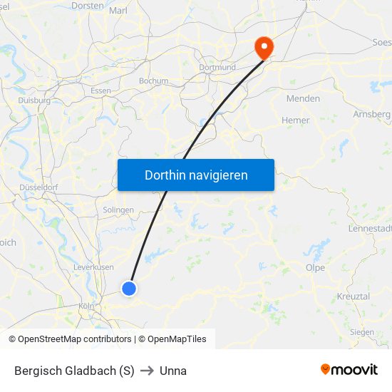 Bergisch Gladbach (S) to Unna map