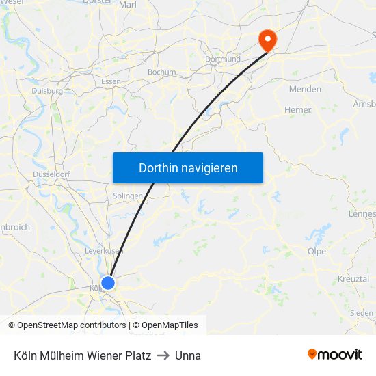 Köln Mülheim Wiener Platz to Unna map