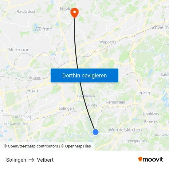 Solingen to Velbert map