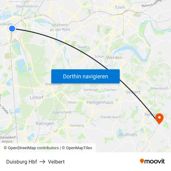 Duisburg Hbf to Velbert map