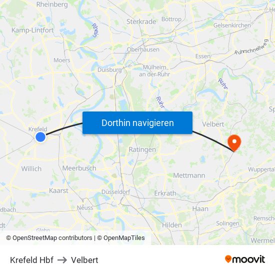 Krefeld Hbf to Velbert map