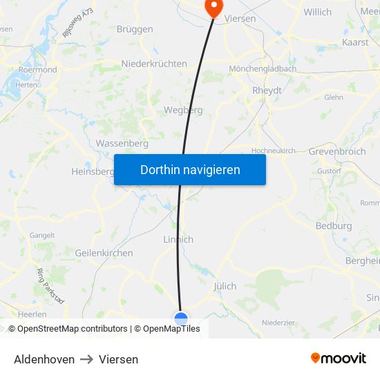 Aldenhoven to Viersen map